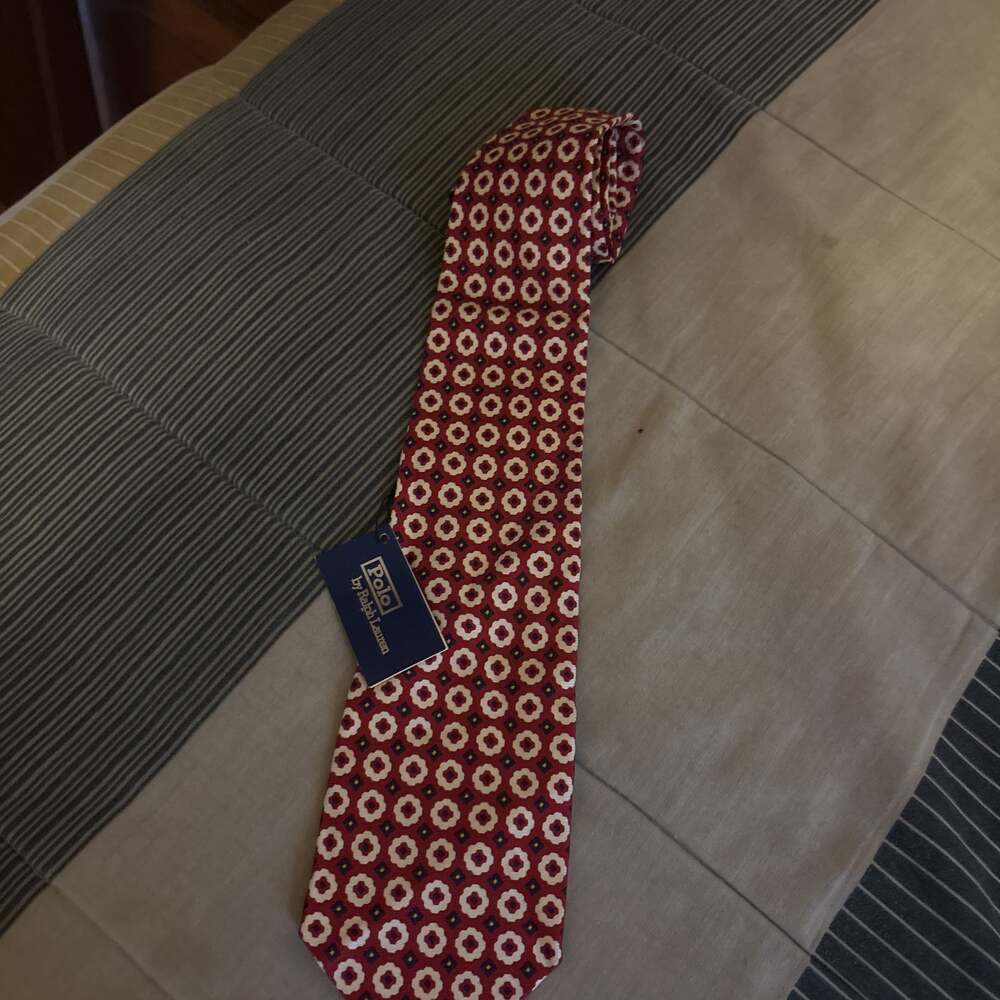 Polo Ralph Lauren Mens Neck Tie Red Gold Paisley Silk Hand Made USA 🔥 Nice